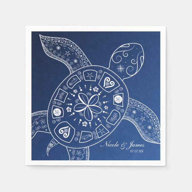 Hawaiian Sea Turtle White on Blue Beach Wedding Napkins (Front)
