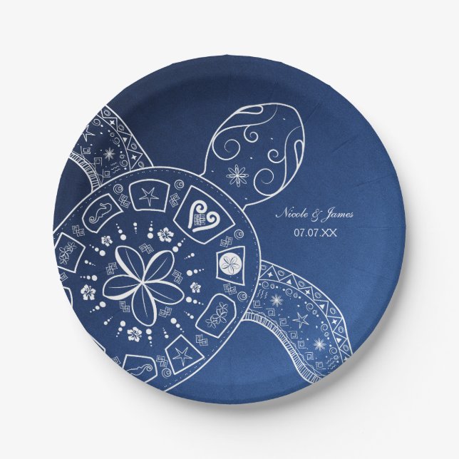Hawaiian Sea Turtle White on Blue Beach Wedding Paper Plates (Front)