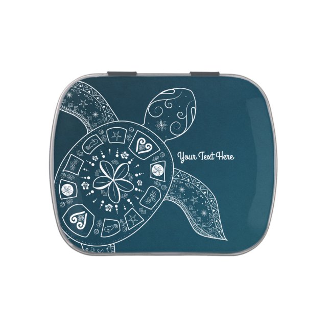 Hawaiian Sea Turtle White on Teal Beach Tropical Jelly Belly Candy Tin (Top)