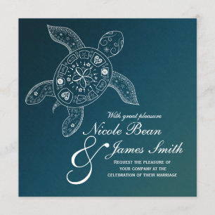 Hawaiian Sea Turtle White on Teal Beach Wedding Invitation