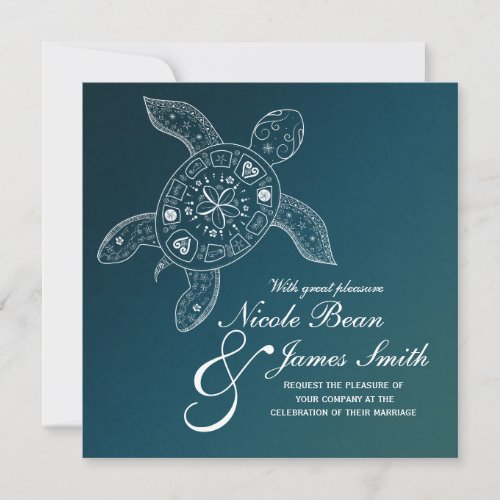 Hawaiian Sea Turtle White on Teal Beach Wedding Invitation