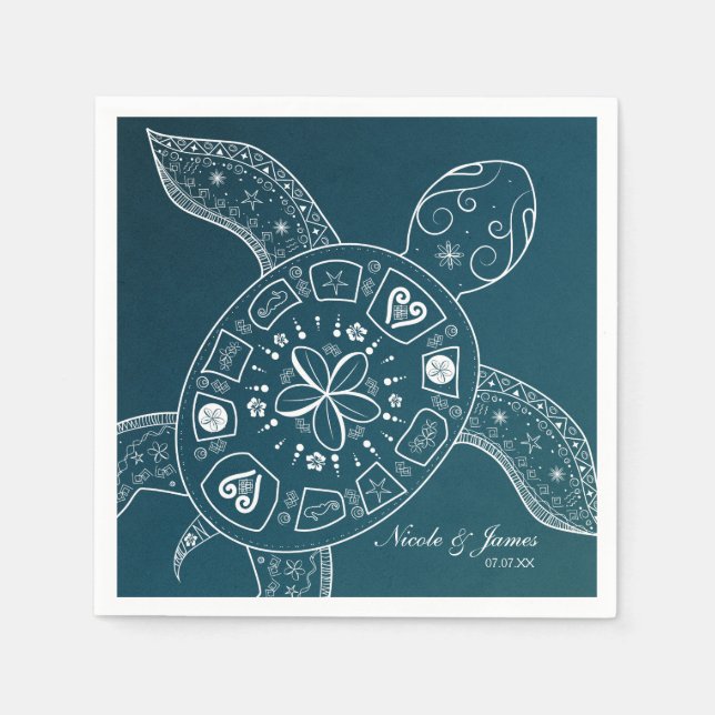 Hawaiian Sea Turtle White on Teal Beach Wedding Napkins (Front)