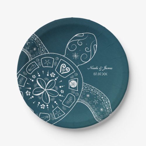 Hawaiian Sea Turtle White on Teal Beach Wedding Paper Plates