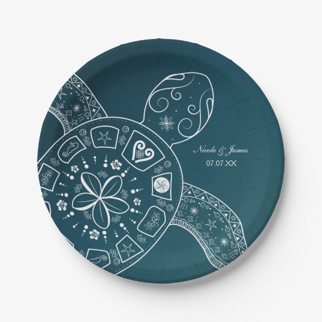 Hawaiian Sea Turtle White on Teal Beach Wedding Paper Plates (Front)