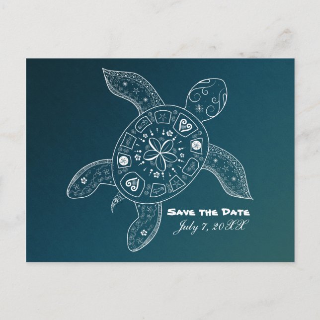 Hawaiian Sea Turtle White Teal Beach Save The Date Announcement Postcard (Front)