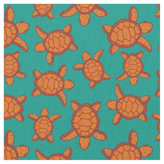 Hawaiian Sea Turtles Orange and Blue Patterned Fabric (Close Up)