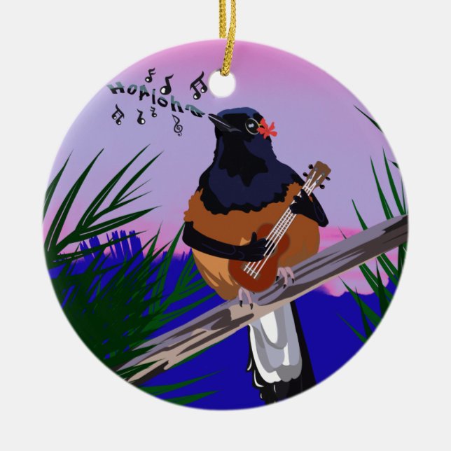 Hawaiian Shama Bird playing ukulele Ceramic Ornament (Front)