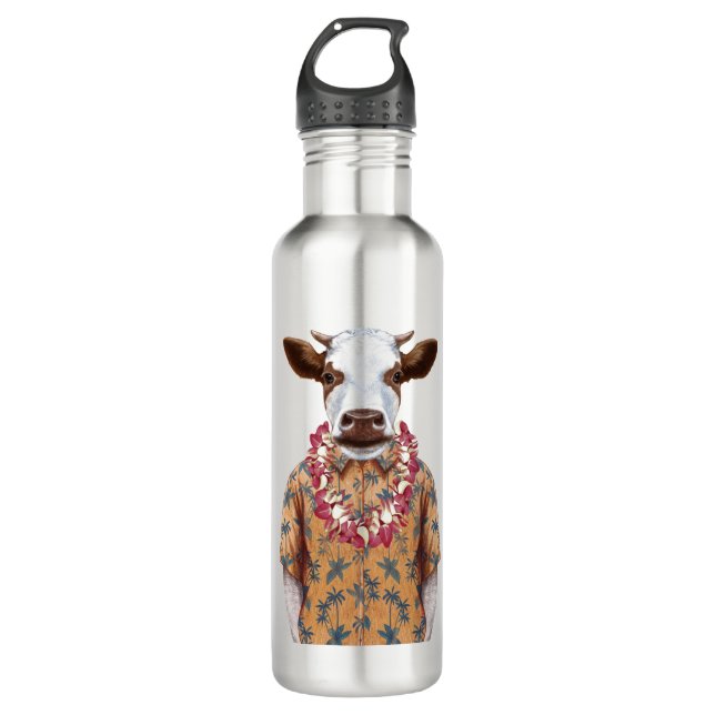 Hawaiian Shirt Cow Stainless Steel Water Bottle (Front)