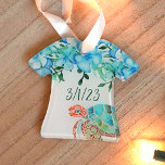 Hawaiian Shirt Tropical Sea Turtle Wedding Ornament<br><div class="desc">Commemorate your tropical wedding with this elegant floral hibiscus Christmas ornament. Blue hibiscus flowers and green banana leaves border your wedding photo in a beautiful tropical wreath. Add the year for a finishing touch. Blue and green sea turtle can be resized. Cute blue Hawaiian shirt with hibiscus flowers and sea...</div>