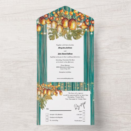 Hawaiian sky lanterns teal wood boho tropical all in one invitation