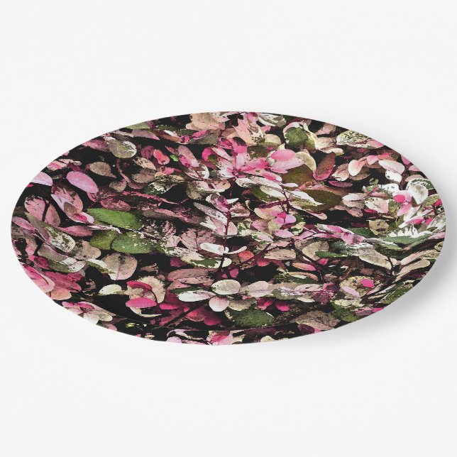 "HAWAIIAN SNOWBUSH PLANT/PINKS, GREENS AND WHITES PAPER PLATES (Angled)