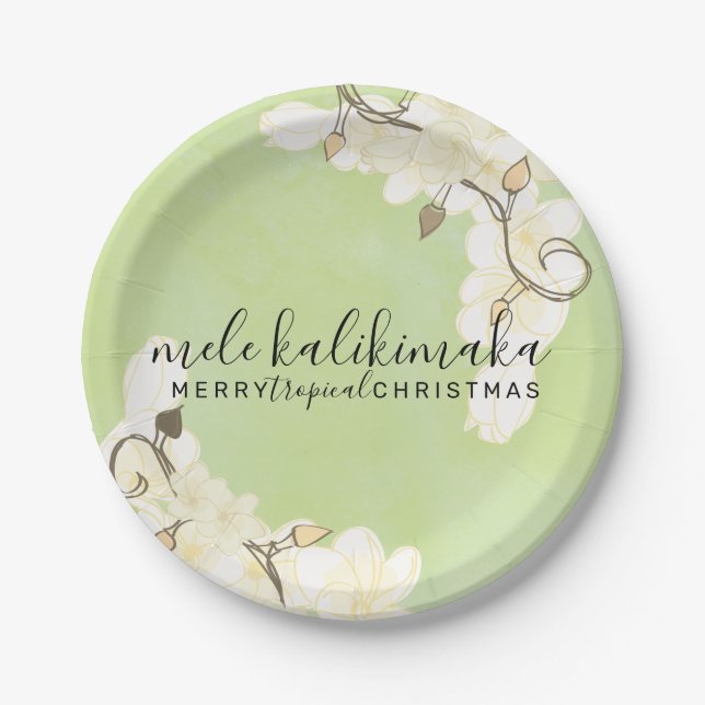 Hawaiian Soft Sun White Flowers Christmas: Green Paper Plates (Front)
