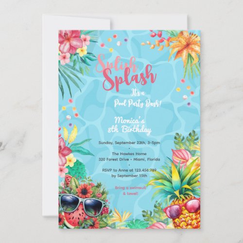 Hawaiian splish splash summer pool birthday bash invitation