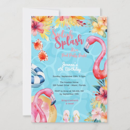 Hawaiian splish splash summer pool birthday party invitation