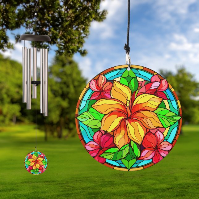 Hawaiian Stained Glass Look Floral Design Wind Chime (Outdoor)