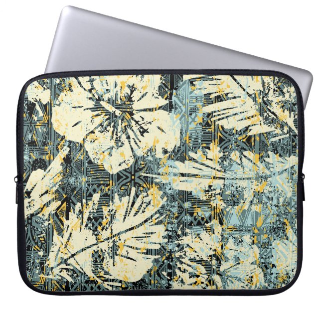 Hawaiian style hibiscus fabric with tribal backgro laptop sleeve (Front)