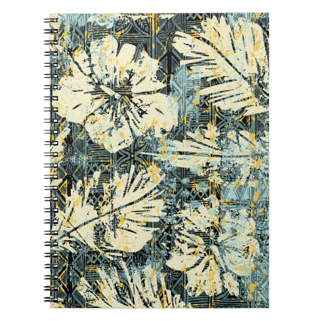 Hawaiian style hibiscus fabric with tribal backgro notebook (Front)