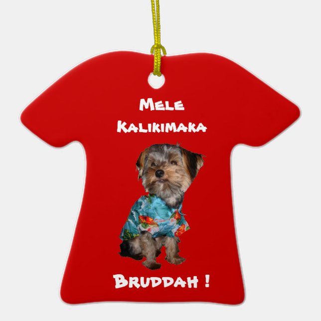 Hawaiian Style Holiday Yorkie T-Shirt Ornament (Front)