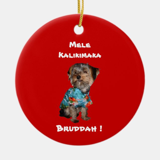 Hawaiian Style Holiday Yorkie T-Shirt Ornament (Front)