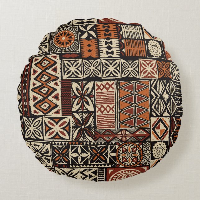 Hawaiian style tapa tribal fabric abstract patchwo round pillow (Front)