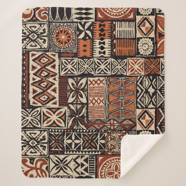 Hawaiian style tapa tribal fabric abstract patchwo sherpa blanket (Front)