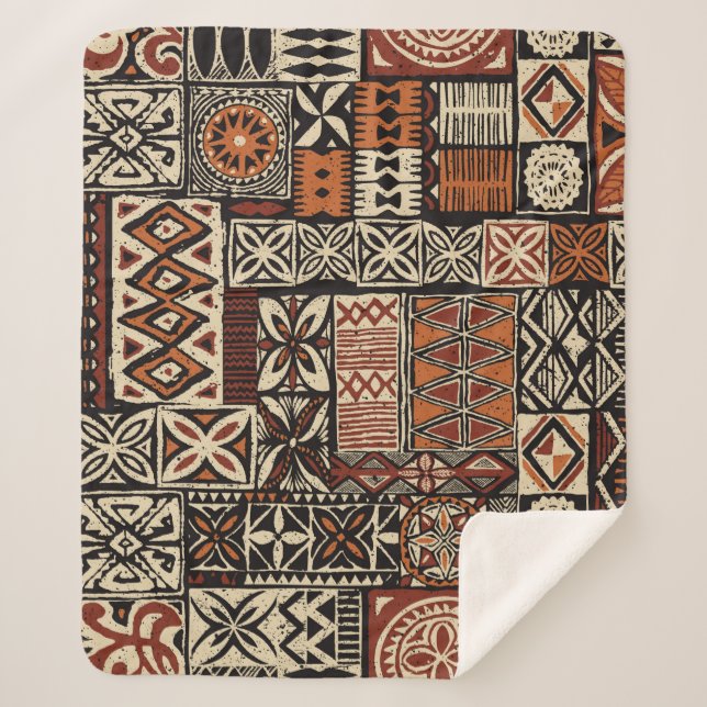 Hawaiian style tapa tribal fabric abstract patchwo sherpa blanket (Front)