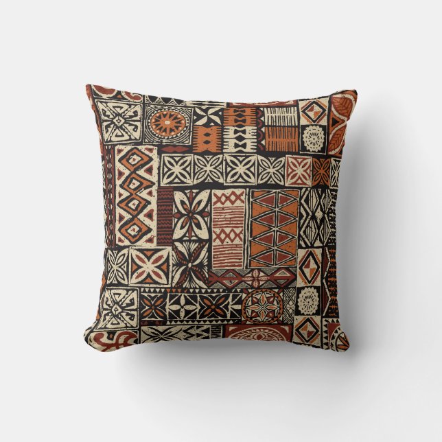 Hawaiian style tapa tribal fabric abstract patchwo throw pillow (Front)