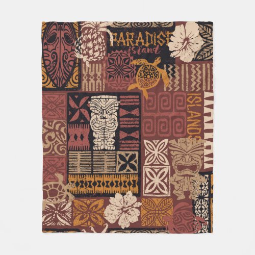 Hawaiian style tribal motif fabric patchwork abstr fleece blanket