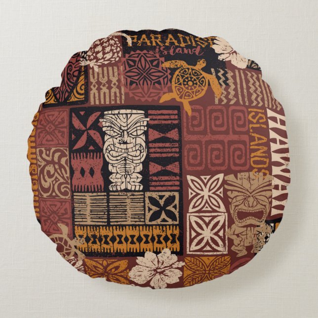 Hawaiian style tribal motif fabric patchwork abstr round pillow (Front)