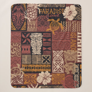 Hawaiian style tribal motif fabric patchwork abstr sherpa blanket