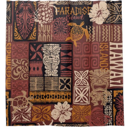 Hawaiian style tribal motif fabric patchwork abstr shower curtain