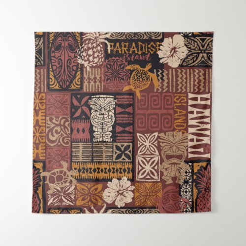 Hawaiian style tribal motif fabric patchwork abstr tapestry