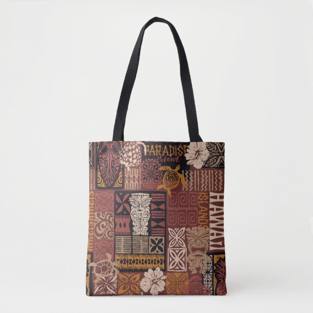Hawaiian style tribal motif fabric patchwork abstr tote bag (Front)