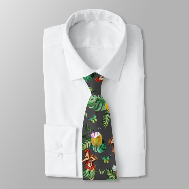 Hawaiian Summer Vacation Aloha Tacky Pattern Neck Tie (Tied)