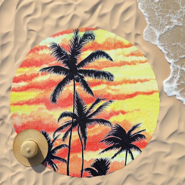 Hawaiian Sunset Coco Palms Beach Towel (Round)