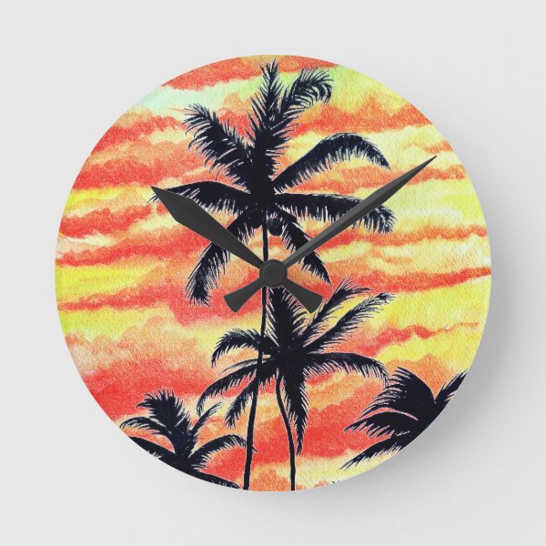 Hawaiian Sunset Coco Palms Round Clock