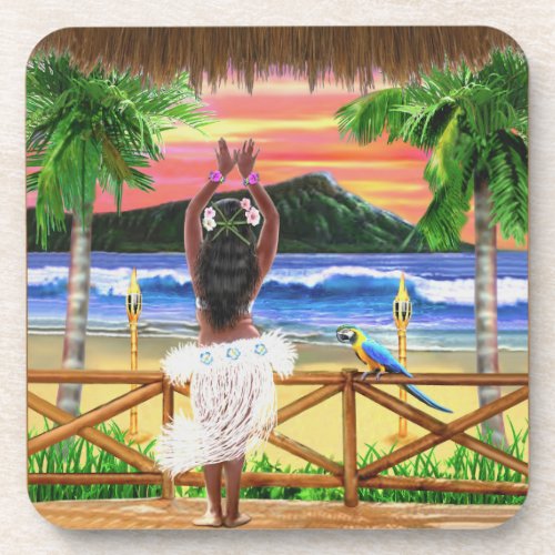 Hawaiian Sunset Hula Dancer Beverage Coaster