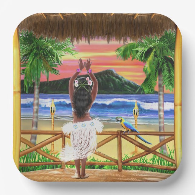 Hawaiian Sunset Hula Dancer Paper Plates (Front)
