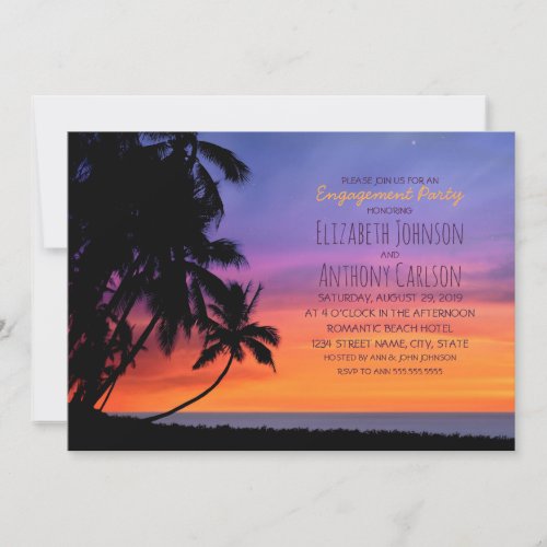 Hawaiian Sunset Palm Tree Beach Engagement Party Invitation