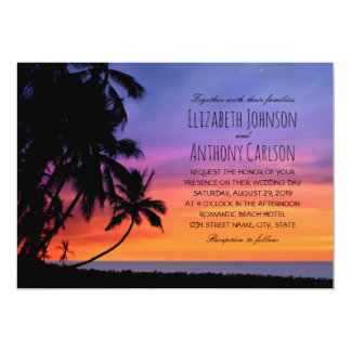 Hawaiian Sunset Palm Tree Beach Themed Wedding Card