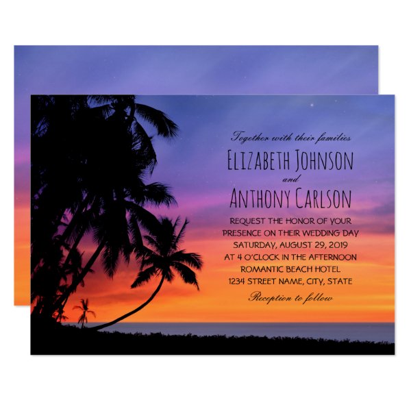 256067239605270387 Hawaiian Sunset Palm Tree Beach Themed Wedding Invitation