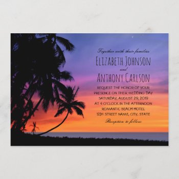 Hawaiian Sunset Palm Tree Beach Themed Wedding Invitation by superdazzle at Zazzle