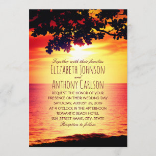 Hawaiian Sunset Tropical Tree Beach Themed Wedding Invitation