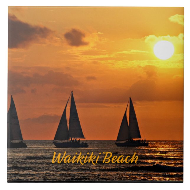 Hawaiian Sunset, Waikiki Beach, Ceramic Tile (Front)