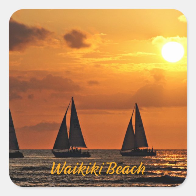 Hawaiian Sunset, Waikiki Beach, Square Sticker (Front)