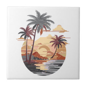 Hawaiian sunset with palm tree. ceramic tile