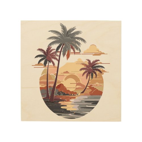 Hawaiian sunset with palm tree wood wall art