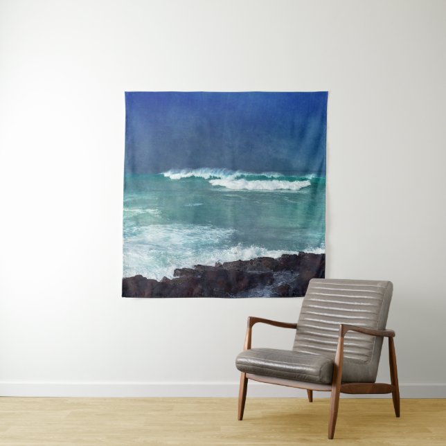 Hawaiian Surf Ocean Waves Aqua Teal Blue Lava Sea Tapestry (In Situ)