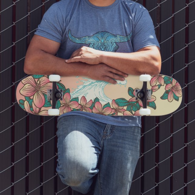 Hawaiian Surf Wave Hibiscus Flowers Vintage Skateboard | Zazzle