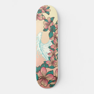 Hawaiian Surf Wave Hibiscus Flowers Vintage Skateboard